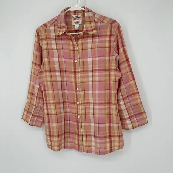 Talbots Shirt Womens Medium Plaid Irish Linen Blend 3/4 Sleeve Button Up Blouse - Picture 3 of 11